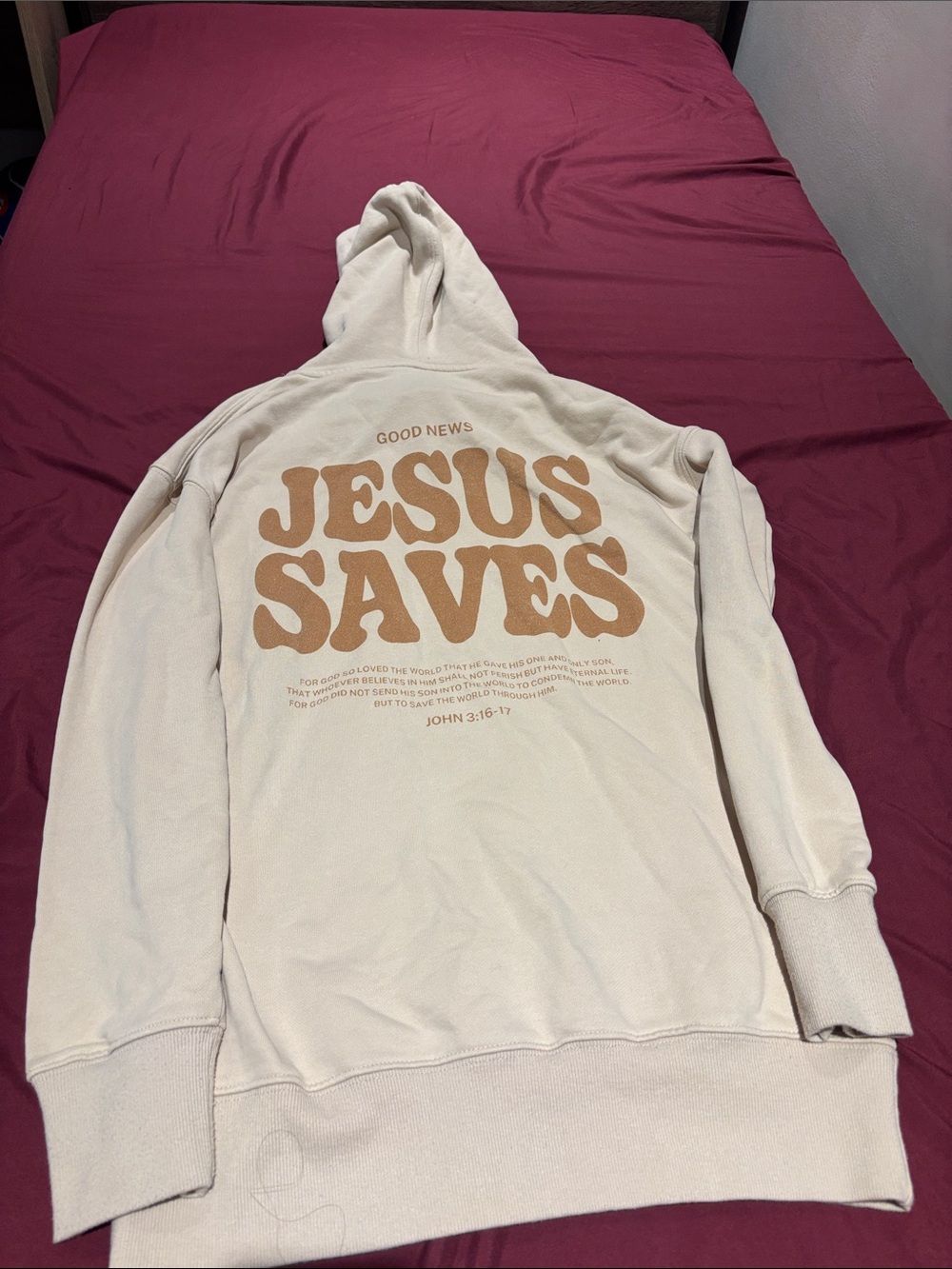 Cream 'Jesus Saves' Pullover Hoodie with Tan Graphic